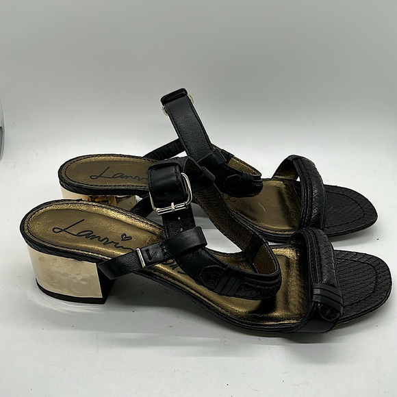 Lanvin Black Leather Gold Block Heel Sandals Shoes **Size 39/US Size 8** 🌺🌺 - Picture 4 of 9